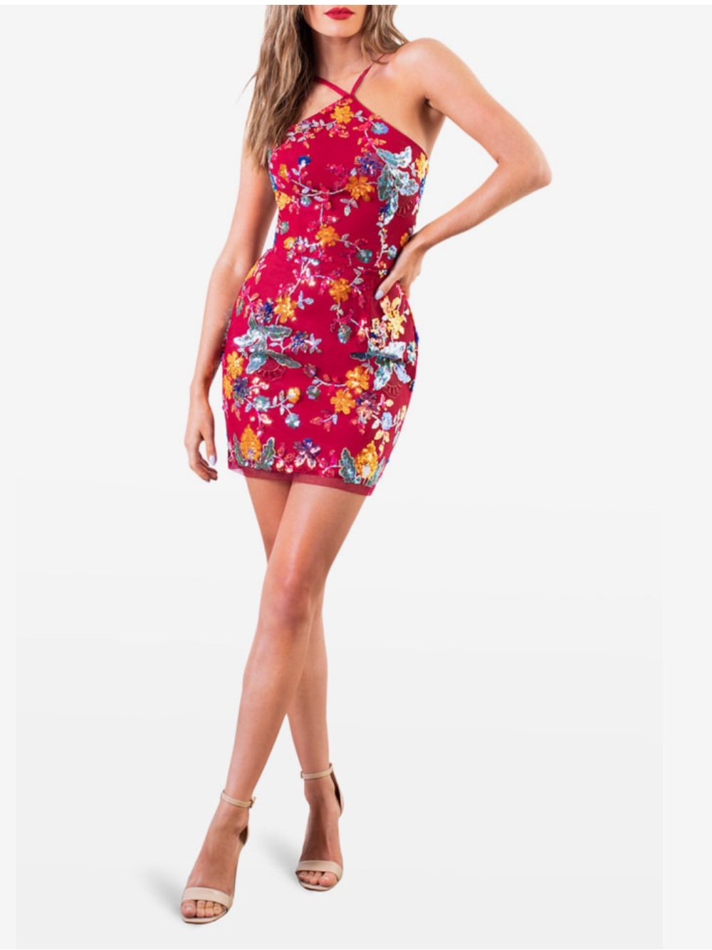 Red Floral Halter Bodycon Dress